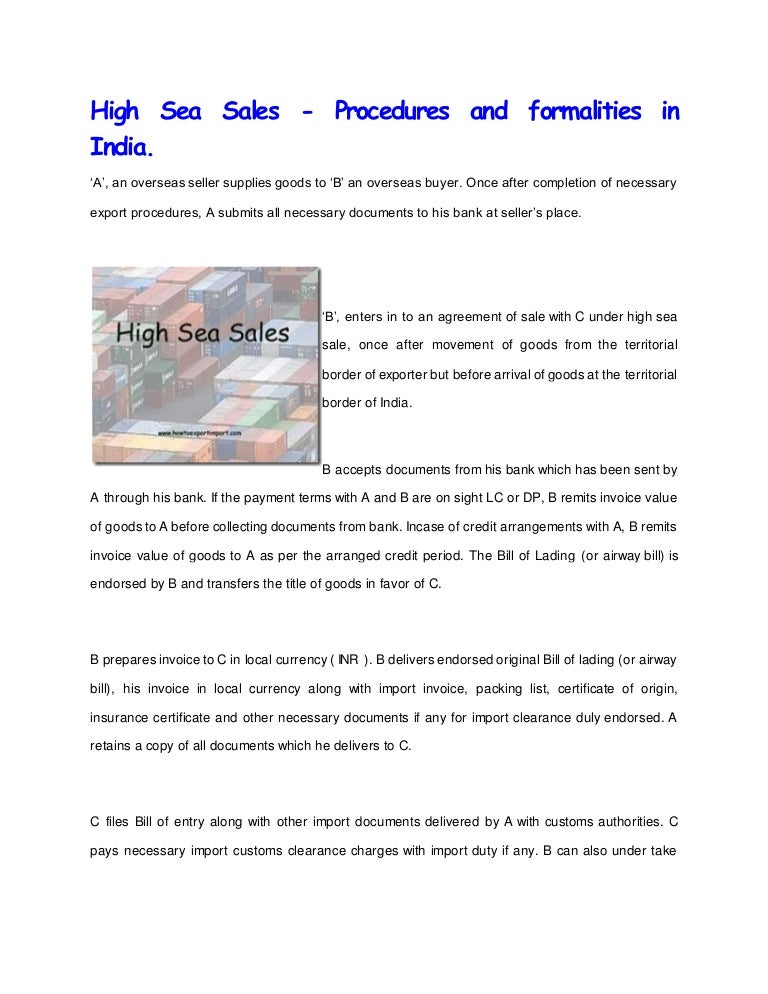 High Sea Sales Procedures and formalities in India.