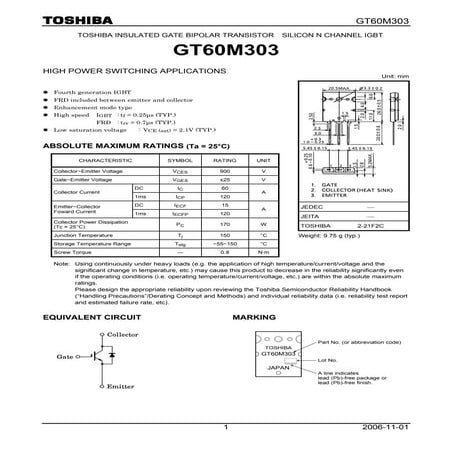 IGBT Toshiba GT60M303(Q) – 900V, 60A, DUAL, Montaggio PCB, TO-3P, Nuovo - Foto 5