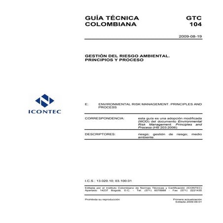 GTC 104 - Gestión del riesgo ambiental. Principios y procesos