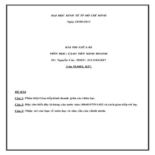 GIAO TIẾP KINH DOANH - KIỂM TRA - VĂN HÓA CÁC CHÂU LỤC, NƯỚC SẢN XUẤT VÀ MÃ VẠCH, 