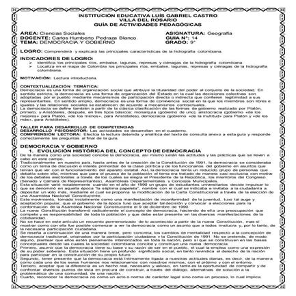 Guía 14 democracia y gobierno ciencias sociales 9° colcastro 2015