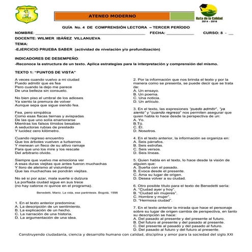 Guía 4 comprensión lectora  8 tercer período