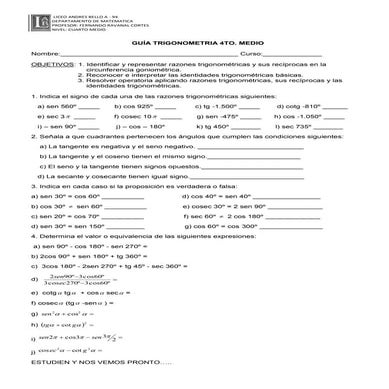 Guía 4° medio trigonometría