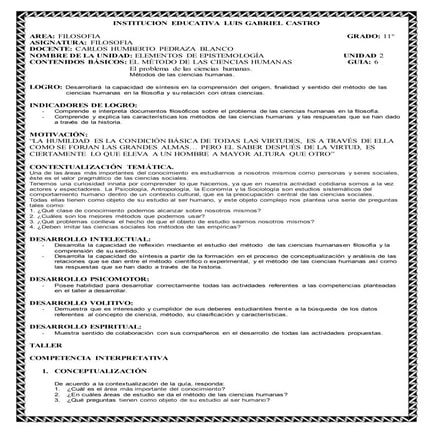 Guía 6 el método de las ciencias humanas filosofía 11° colcastro 2014