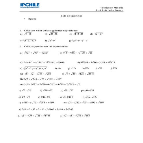 Guía de ejercicios raíces