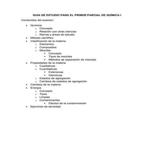 Guía de estudio para el primer parcial de química I