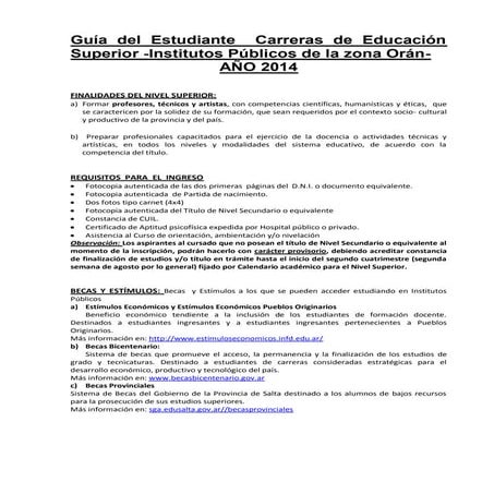 Guía del estudiante - Carreras de Educación Superior - Zona Orán  -  2014