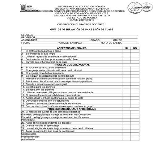 Guía  de observación de una sesión de clase