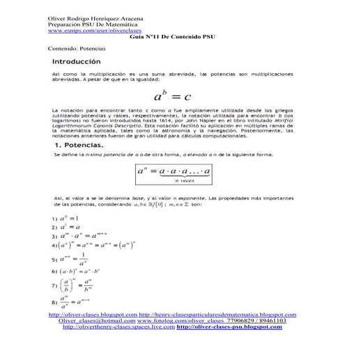 Guía N 11 De Contenido Psu Matemática Potencias Pdf