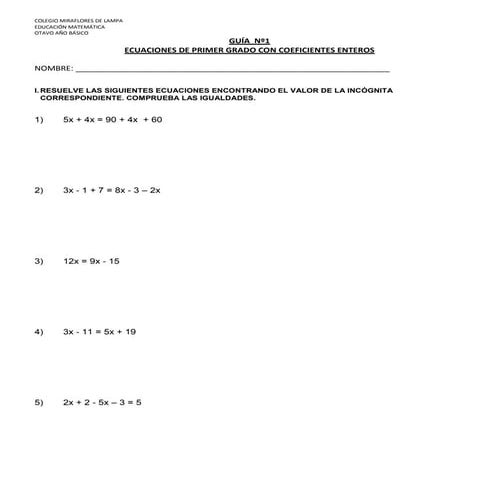 Guía  nº ecuaciones 1,2,3 8° básico