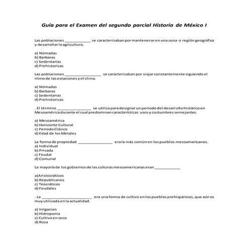 Guía para el examen del segundo parcial historia de méxico i