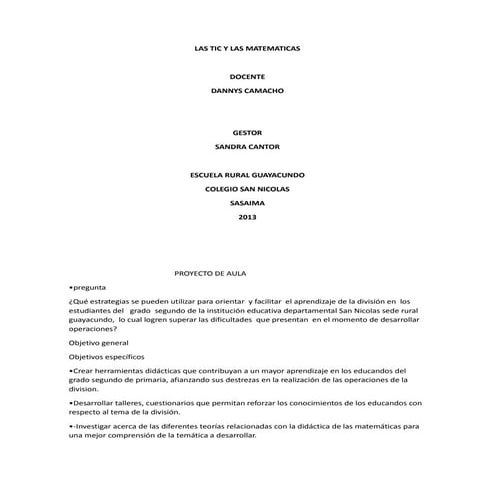 PROYECTO DE AULA ESCUELA RURAL GUAYACUNDO