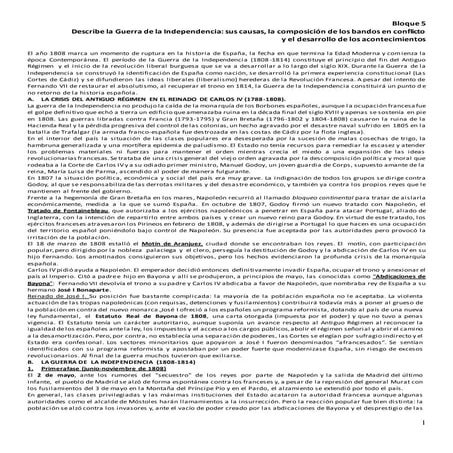 Bloque 5. Describe la Guerra de la Independencia: sus causas, la composición ...