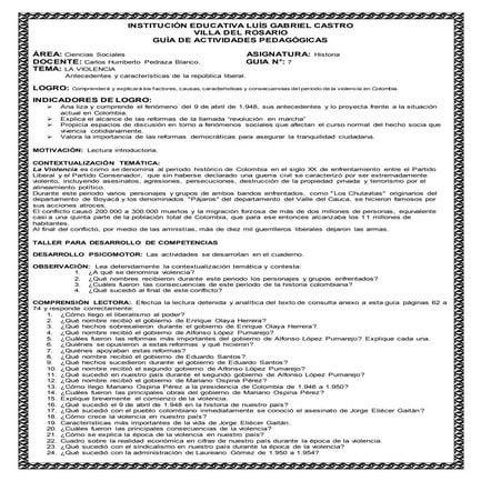 Guia 11 la violencia en colombia ciencias sociales 10° colcastro 2014