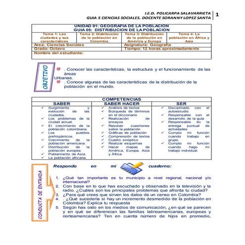 Guia 5 sociales 8° GEOGRAFÍA DE LA POBLACIÓN