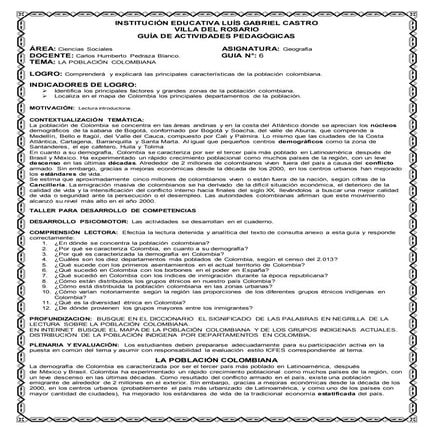 Guia 6 la población colombiana ciencias sociales 9° colcastro 2014