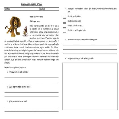 Guia comprensión lectora el leon y el raton