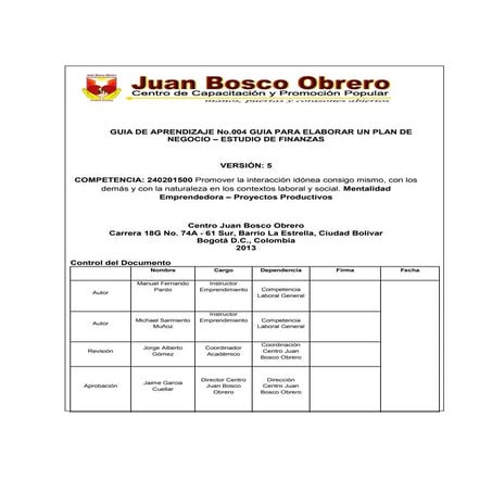 Guia de aprendizaje no.004 guia para elaborar un plan de negocio – estudio de...