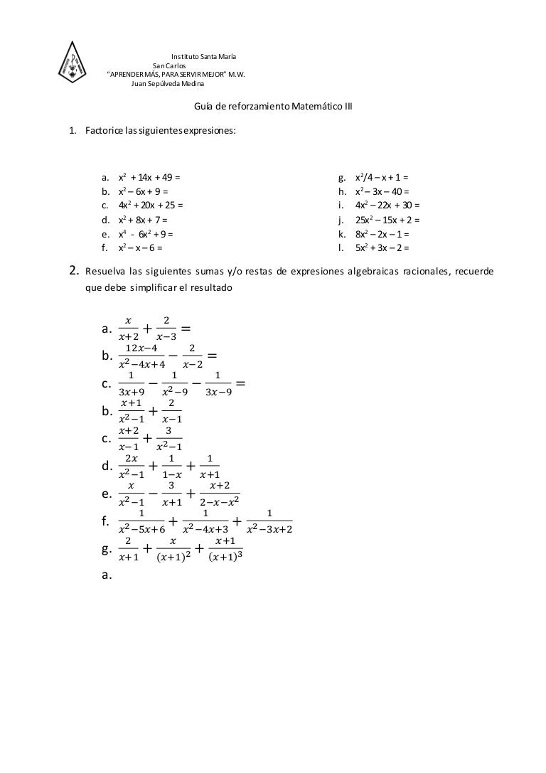 Guia De Factorizacion Suma Y Resta