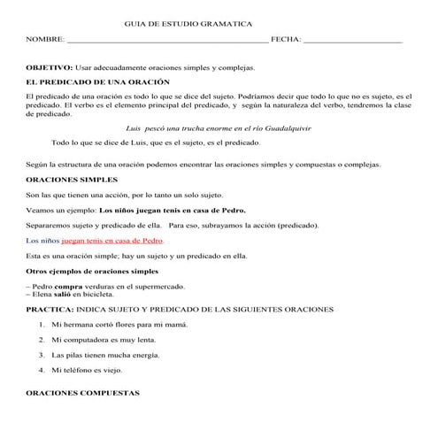 Hoja De Trabajo De Oraciones Simples Y Compuestas De Tercer Grado