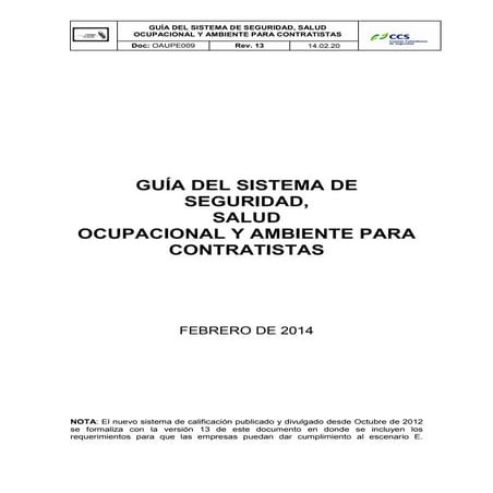 Guía del sistema de seguridad,  salud ocupacional y ambiente para contratistas 2014.