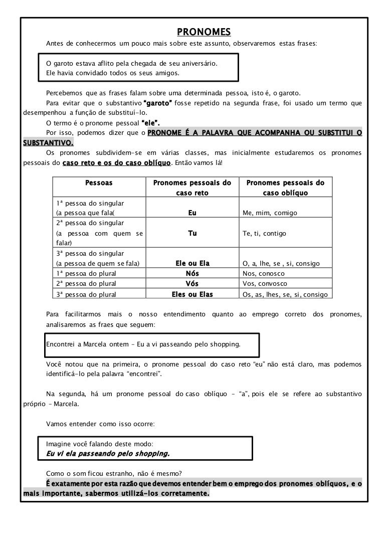 Guia para estudo dos pronomes pessoais 4º ano