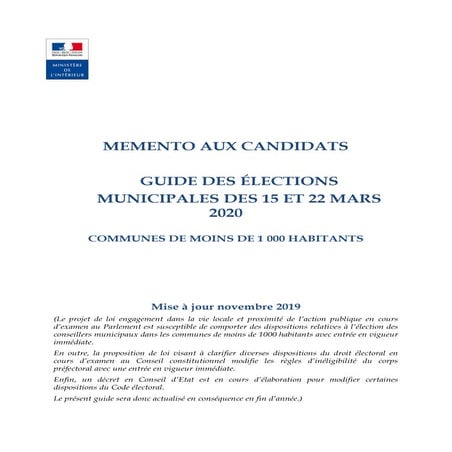 Municipales 2020. Guide pratique pour les communes de moins de 1000 habitants