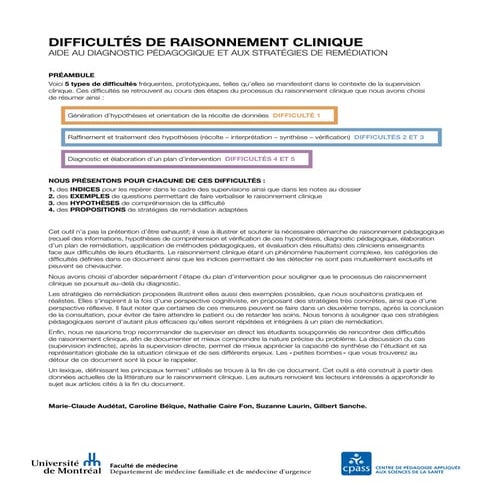 Difficultés de raisonnement clinique : aide au diagnostic pédagogique et aux stratégies de remédiation