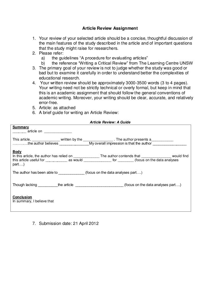 Guidelines For Article Review Assignment