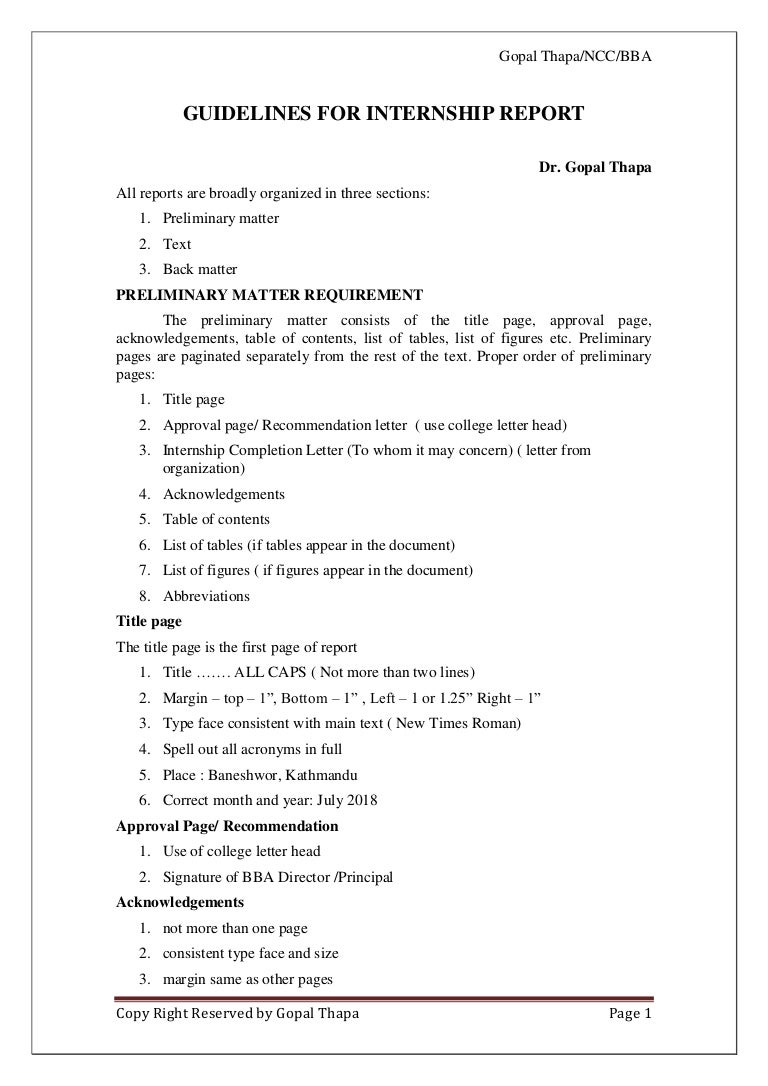Internship report format sample picture