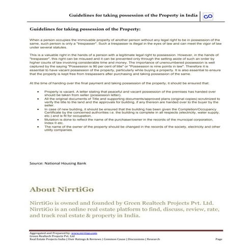 Guidelines for taking possession of the property in india