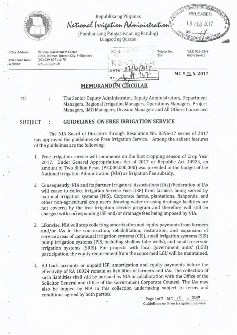 GUIDELINES ON FREE IRRIGATION SERVICE FEE