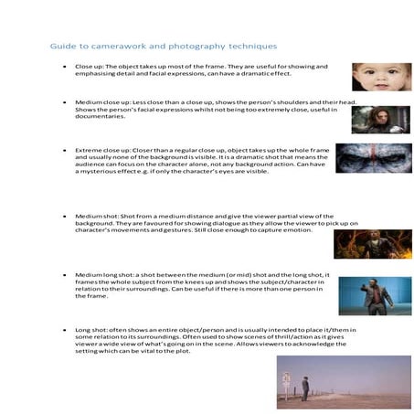 Camera shots, angles, framing, movements & lighting | DOCX