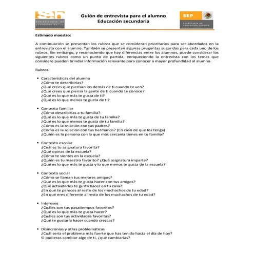Guión de entrevista alumno secundaria