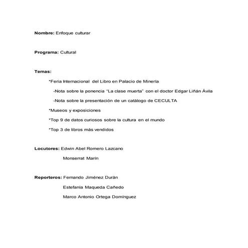 Guion de programa cultural