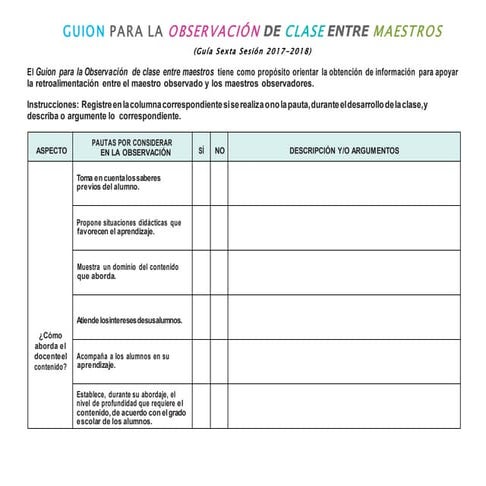 GUION PARA LA OBSERVACIÓN DE CLASE
