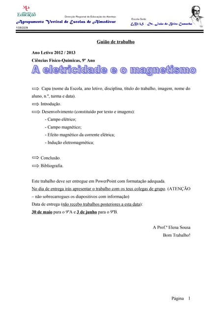 Guião trabalhos 9º ano eletromagnet...