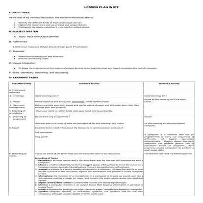 Semi-Detailed Lesson Plan - Input and Output Devices of Computers | DOCX