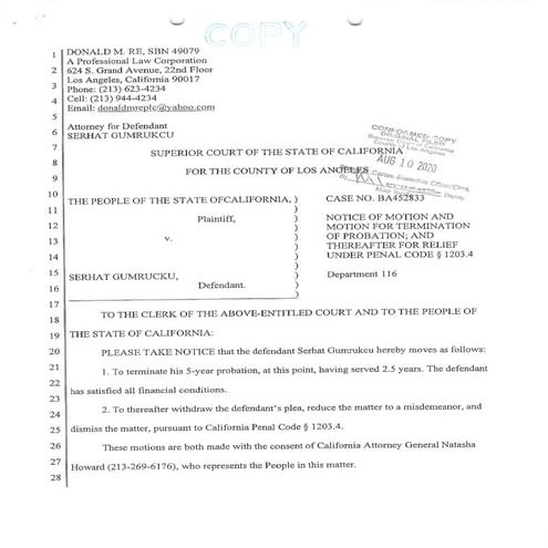Gumrukcu - Motion for Termination of Probation and "Reduce the Matter ...