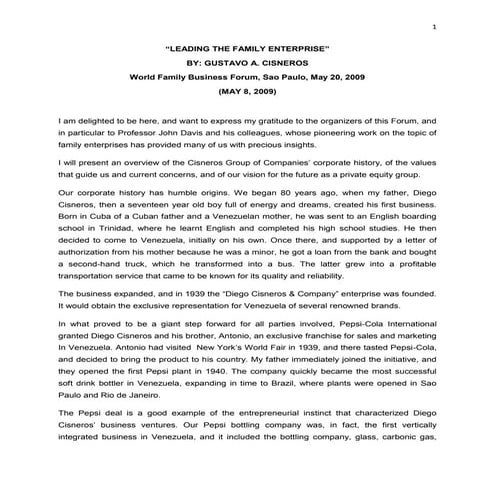 Gustavo Cisneros in the Family Business Forum - Speech "Leading the Family En...