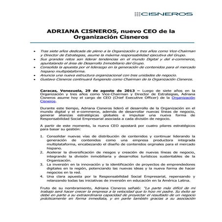 Gustavo Cisneros nombra a Adriana Cisneros como nueva CEO de la Organización ...