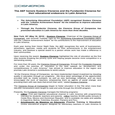 The AEF honors Gustavo Cisneros and the Fundación Cisneros for their educatio...