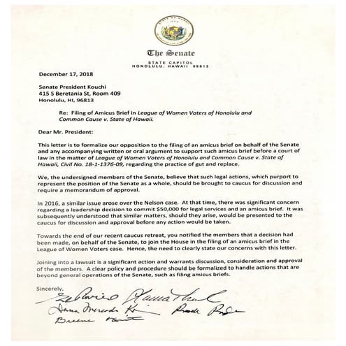 Dec. 17, 2018, letter to Senate President Ron Kouchi