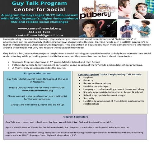 Guy Talk Program at Center for Social in Narberth, PA