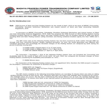 MP-SLDC-DSM Account of Wind and Solar PSS for April, 2019 | PDF