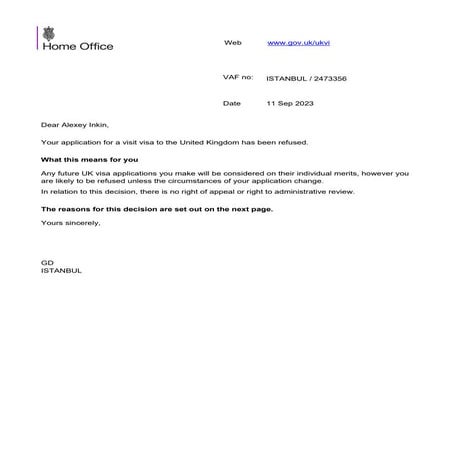 A UK Visa Refusal Letter