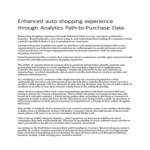 Enhanced auto shopping experience through analytics path
