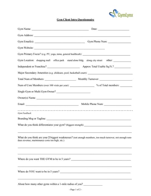 Gym Client Questionaire