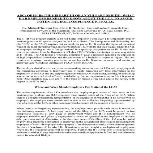 ABCs OF H-1Bs (THIS IS PART III OF AN VIII PART SERIES): WHAT H-1B EMPLOYERS NEED TO KNOW ABOUT THE LCA TO AVOID POTENTIAL DOL COMPLIANCE PITFALLS.