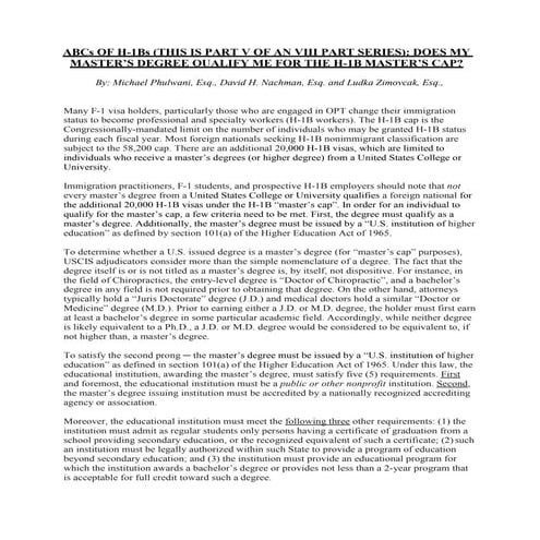 ABCs OF H-1Bs (THIS IS PART V OF AN VIII PART SERIES): DOES MY MASTER’S DEGRE...